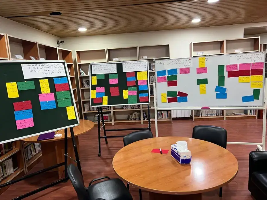 Workshop room with boards covered in coloured sticky notes